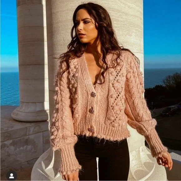 Zara Jewel Button Knit Cardigan Blush Pink Knit Sweater Size Small Loose Fit - Picture 2 of 16